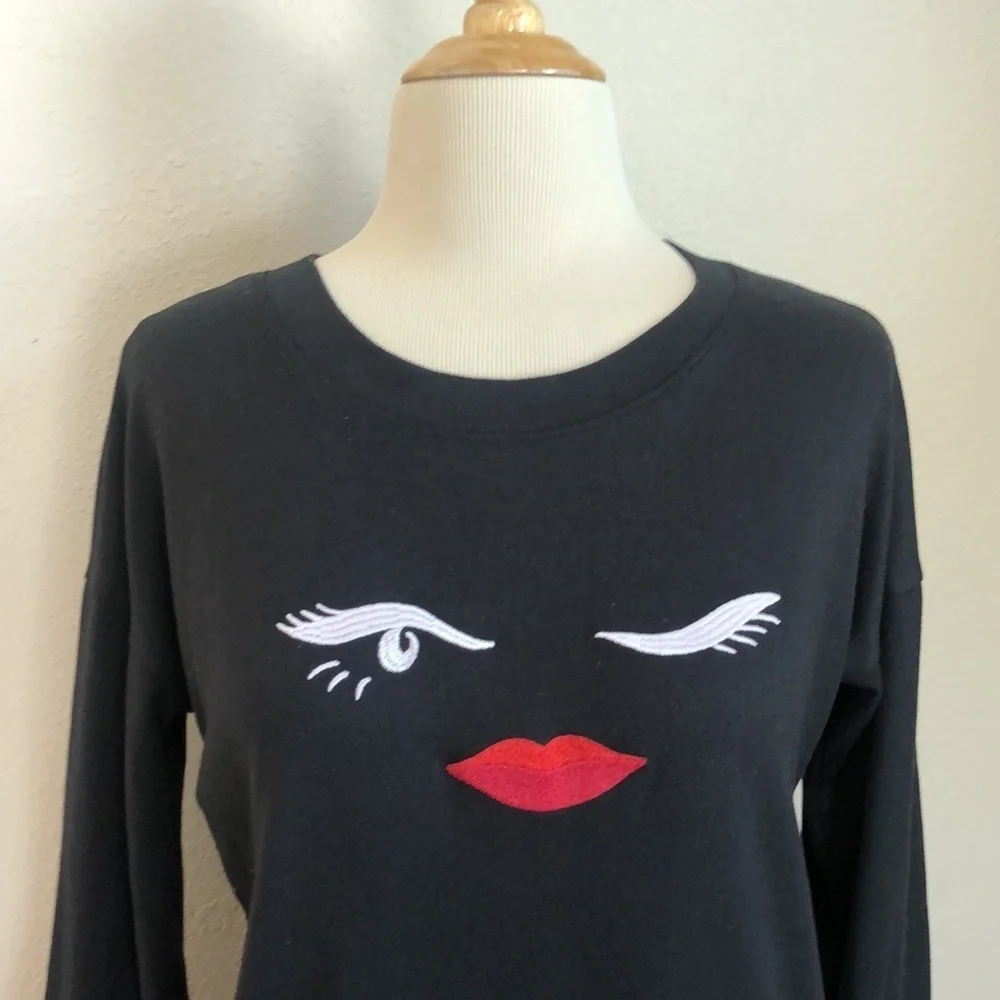 KATE SPADE‎ Women's Small Black Wink Lips Face Embroidered Sweatshirt Designer